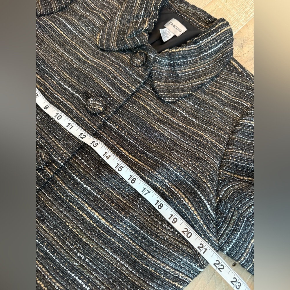 Chico's Women's Black Gray Striped Jacket  gathered collar Chicos size 2 (US 12) - Picture 4 of 9
